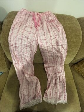 LoveShackFancy Light Pink Script Lounge Pajama Pants with Lace Trim